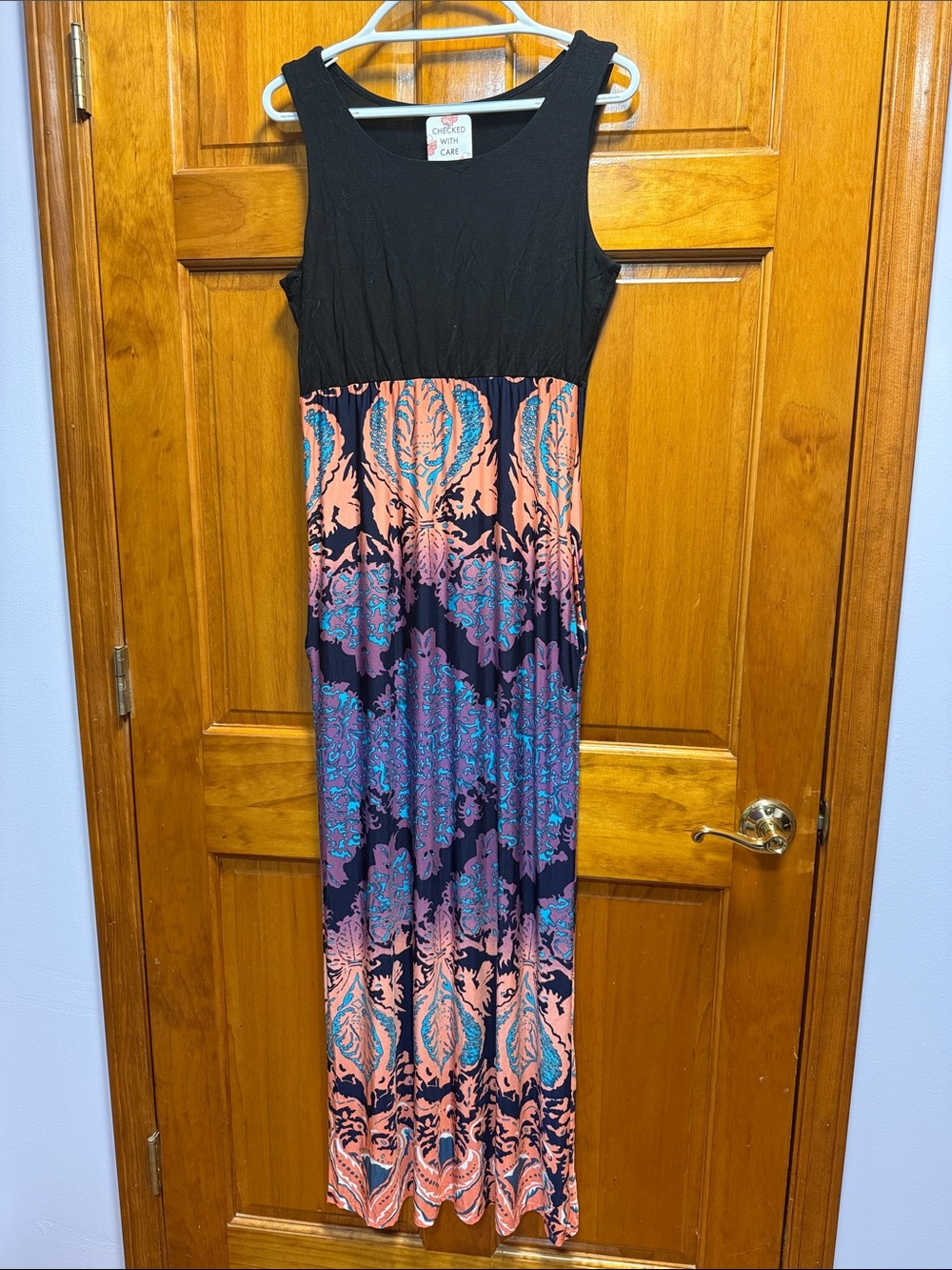 Sleeveless Black Bodice Maxi Dress with Coral and Turquoise Paisley Print